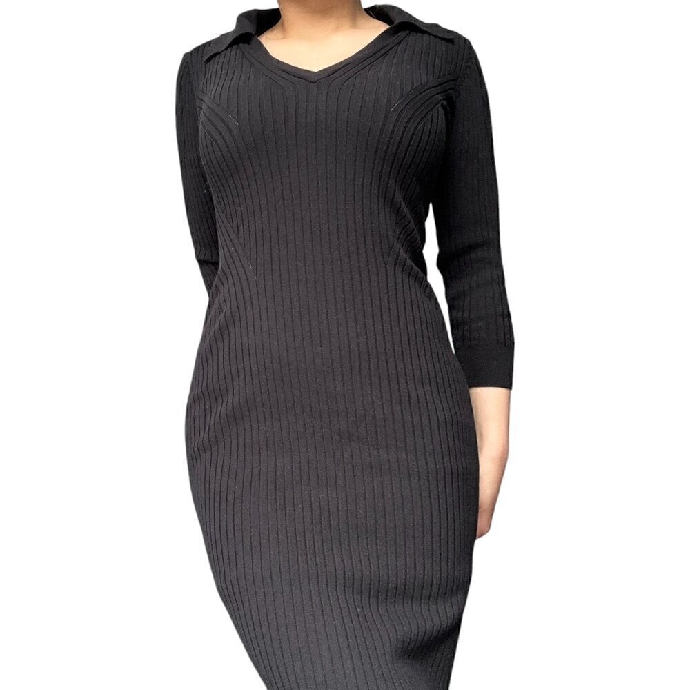 DYNAMITE BLACK RIBBED MAXI DRESS WITH  V-NECK, COLLAR & SIDE SLIT | SIZE SMALL